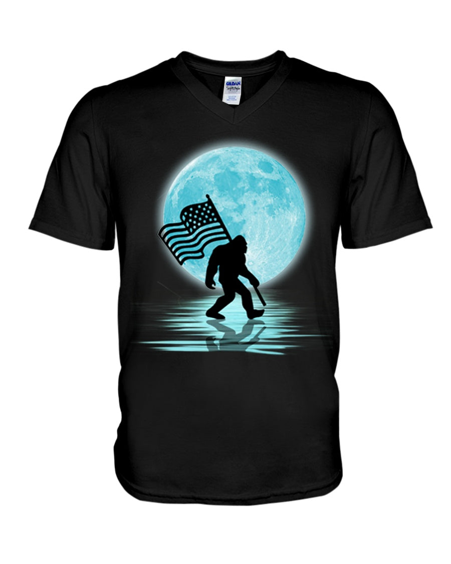 Bigfoot  Moon American Flag Custom Design For Bigfoot Lovers Guys V-Neck