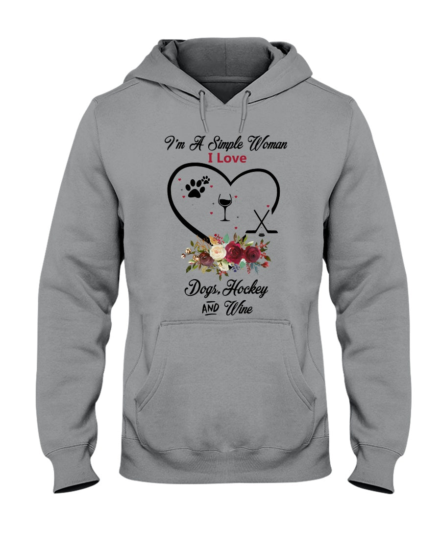 A Simple Woman Loves Dog Hockey And Wine Custom Design Hoodie