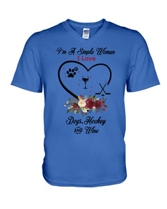 A Simple Woman Loves Dog Hockey And Wine Custom Design Guys V-Neck