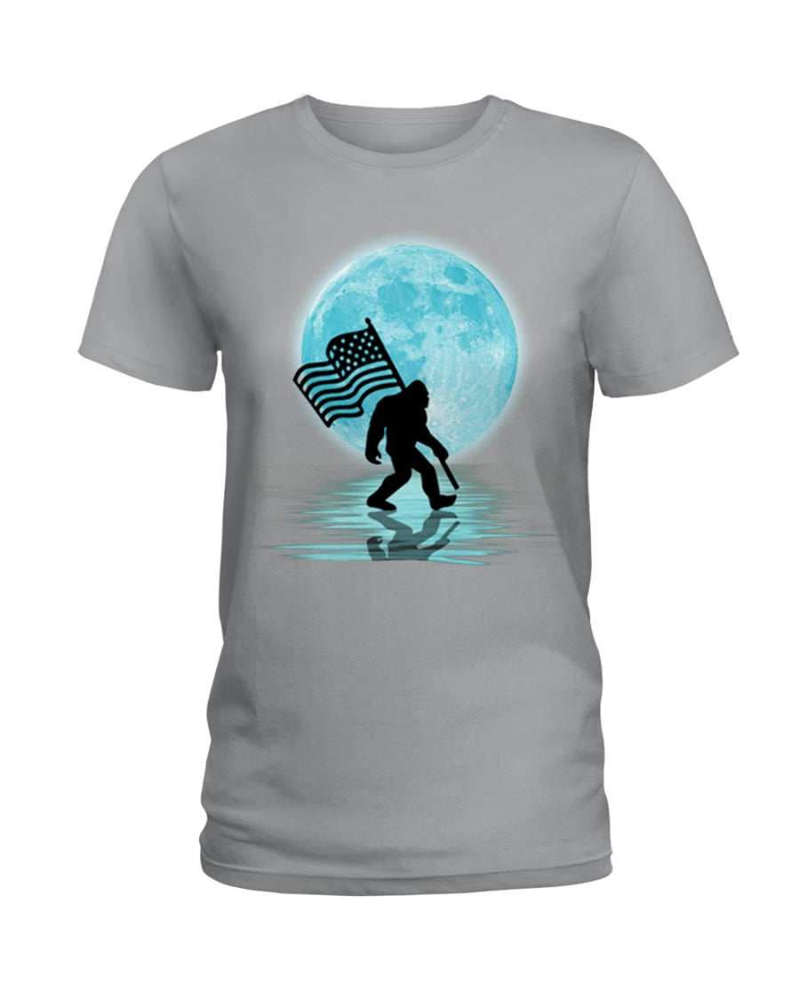 Bigfoot  Moon American Flag Custom Design For Bigfoot Lovers Ladies Tee