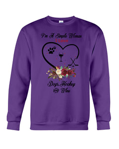 A Simple Woman Loves Dog Hockey And Wine Custom Design Sweatshirt