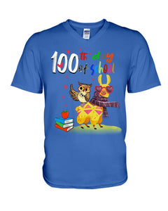 100Th Day Of School Funny Llama  And Owl Gifts For Students Guys V-Neck