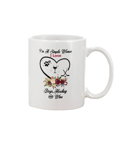 A Simple Woman Loves Dog Hockey And Wine Custom Design Mug