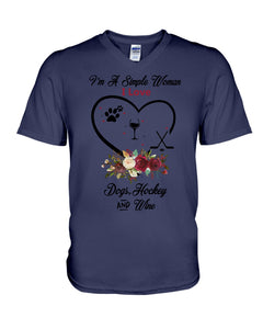 A Simple Woman Loves Dog Hockey And Wine Custom Design Guys V-Neck