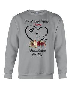 A Simple Woman Loves Dog Hockey And Wine Custom Design Sweatshirt