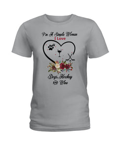 A Simple Woman Loves Dog Hockey And Wine Custom Design Ladies Tee