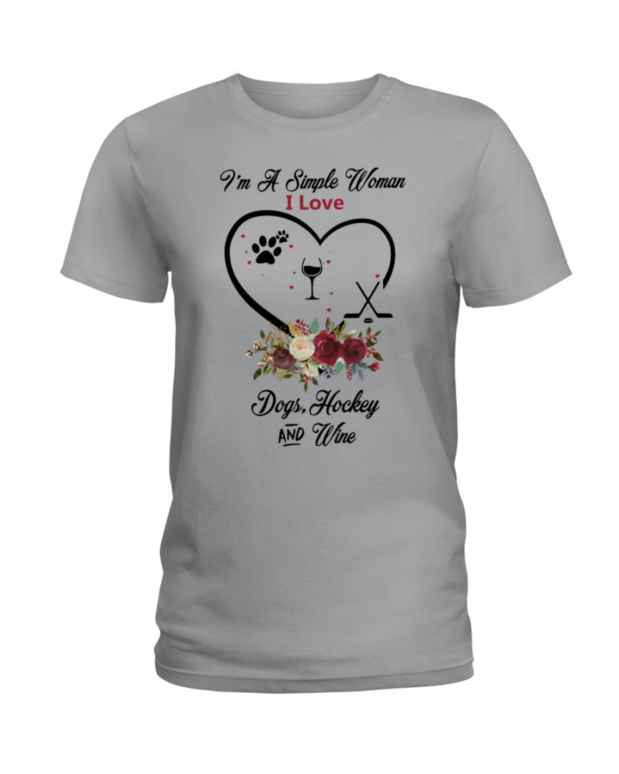 A Simple Woman Loves Dog Hockey And Wine Custom Design Ladies Tee