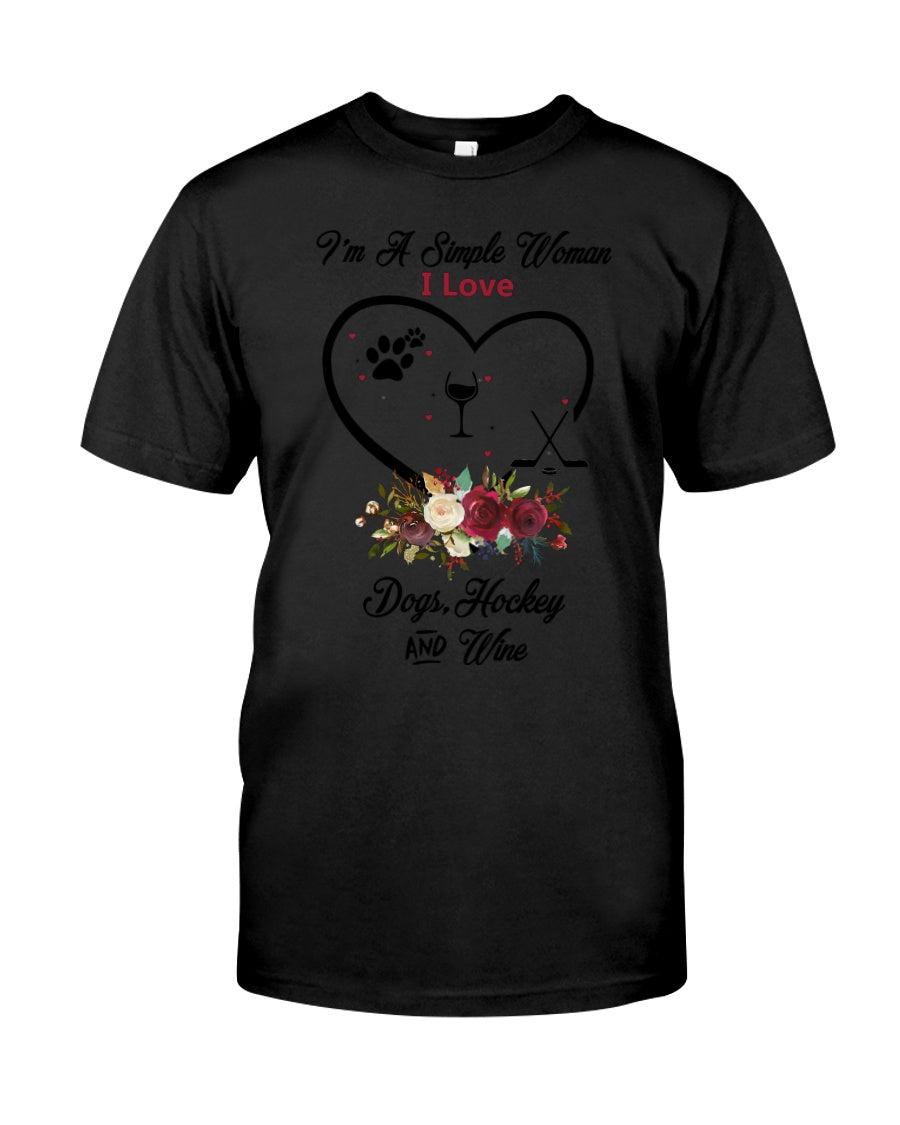 A Simple Woman Loves Dog Hockey And Wine Custom Design Guys Tee