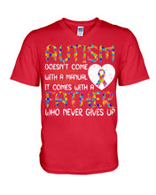 Load image into Gallery viewer, Autism Comes With A Father Who Never Gives Up Guys V-Neck
