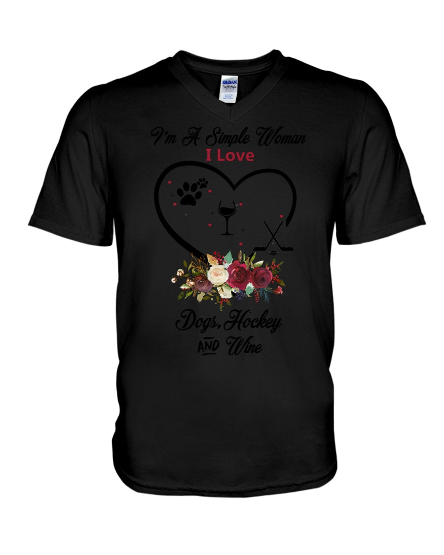 A Simple Woman Loves Dog Hockey And Wine Custom Design Guys V-Neck