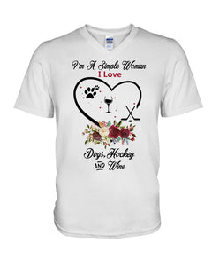 A Simple Woman Loves Dog Hockey And Wine Custom Design Guys V-Neck