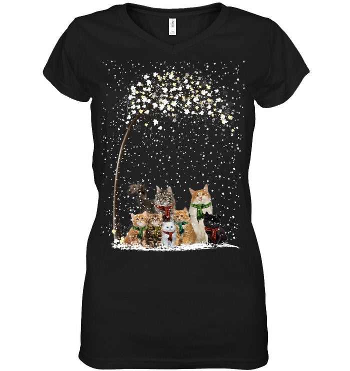 Cats Winter Tree Snowy Gifts Idea Ladies V-Neck