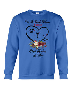 A Simple Woman Loves Dog Hockey And Wine Custom Design Sweatshirt